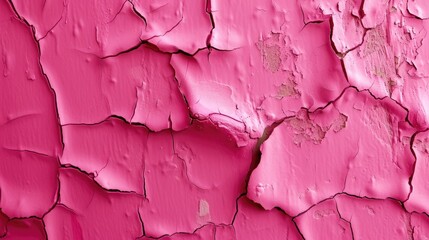 A bright pink surface with cracks and dents as a backdrop or backdrop.