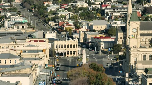 Aerial: Buildings in Downtown Oamaru, Otago, New Zealand.