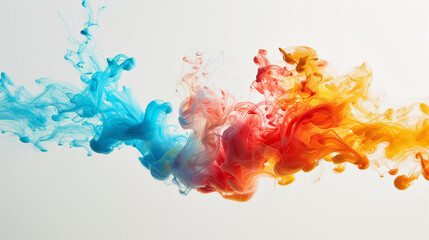 Red, blue, and yellow inks intertwine and diffuse in water, each creating its unique shape. The explosion of colors and fluidity characterize the abstract beauty