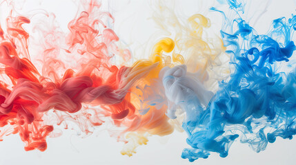 Red, blue, and yellow inks intertwine and diffuse in water, each creating its unique shape. The explosion of colors and fluidity characterize the abstract beauty