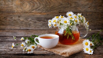 Obraz na płótnie Canvas herbal tea with fresh chamomile flowers on old wooden background still life with a cup of tea with a bouquet of daisies on the table generative ai