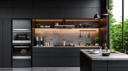 A stunning mockup featuring a premium kitchen appliance set in a sleek and modern kitchen. These appliances are the epitome of style and functionality, complementing any contemporary space. - obrazy, fototapety, plakaty