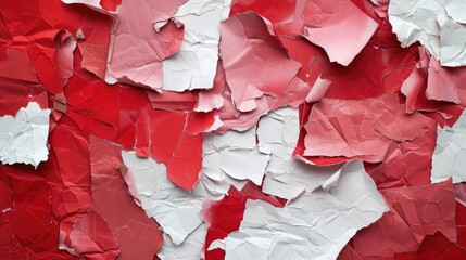 Art collage of pieces of ripped paper with torn edges. Sticky notes collection red burgundy white colors, shreds of notebook pages. Abstract background - obrazy, fototapety, plakaty