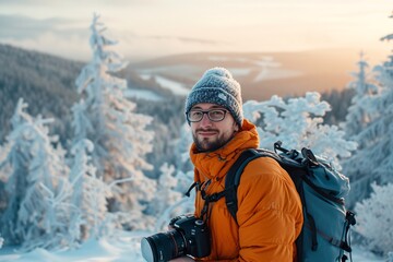 Fototapeta na wymiar Travel photogrrapher on a top of a mountain and enjoying the view