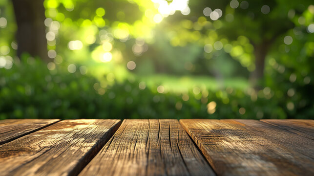Close-up view of unoccupied rustic table nestled in verdant, blurred backyard