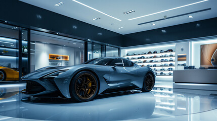 A stunning premium sports car is showcased in an upscale showroom, featuring sleek lines and a...