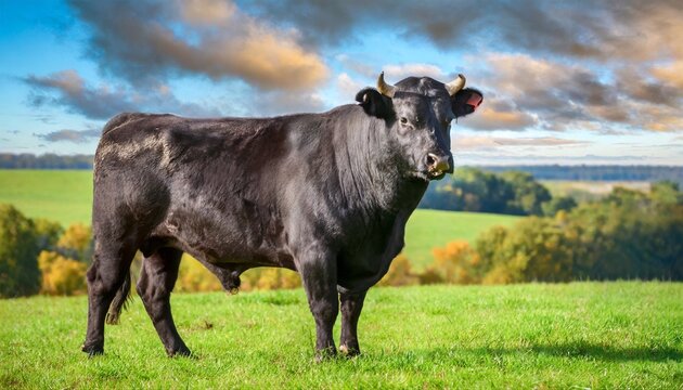 a black angus bull stands on a green grassy field