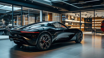A stunning premium sports car displayed in a luxurious showroom, showcasing its sleek lines and high-performance design.