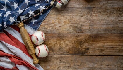 old baseball objects on united states vintage wooden flag background baseball sports concept with copy space