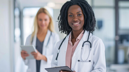 smiling female healthcare professional in the foreground holding a clipboard with a stethoscope around her neck