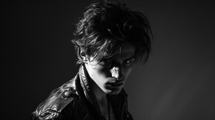 A fierce and fearless teenage rebel, around 17, exuding defiance with a bold expression. Sporting wild, disheveled hair and clad in a rugged leather jacket, he embodies youthful rebellion an