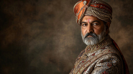 A regal Indian Maharaja in his 50s, exuding opulent majesty, wears a traditional turban and a lavishly embellished sherwani, showcasing the epitome of Indian elegance and grandeur.