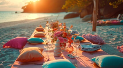 sea picnic experience, set up an outside table at sunset on the beach, in the style of pink and cyan, romantic seascapes