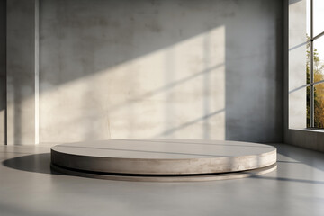 Minimalist Presentation Podium in Bright Natural Light. Simple grey presentation platform highlighted by the striking contrast of natural sunlight and shadows 