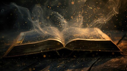 Old book opened and light particles on dark bg photo - obrazy, fototapety, plakaty