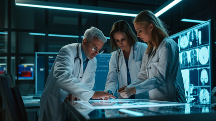 Collaborative effort of medical professionals deciphering futuristic body scan for precise diagnosis