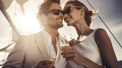 Beautiful stylish couple with champagne on a yacht