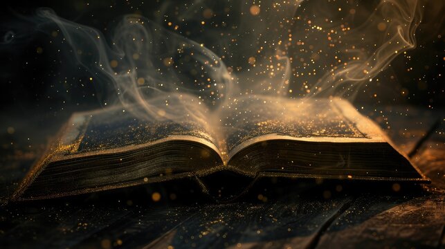 Old book opened and light particles on dark bg photo