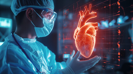 Skilled male cardio surgeon analyzes digital human heart hologram in state-of-the-art lab
