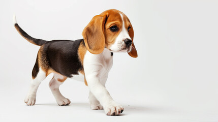 young beagle dog in mid-stride, looking to the side with a white background