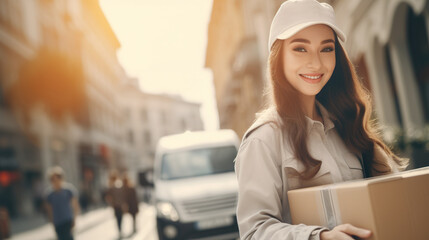 cargo delivery woman on city background