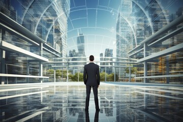 Fototapeta na wymiar A businessman stands at the threshold of a futuristic glass building overlooking the city