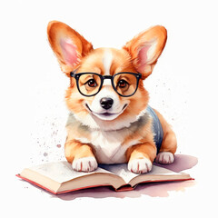 Happy cute adorable corgi puppy in glasses reading a book. Illustration in watercolor style
