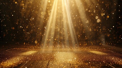 Stage light and golden glitter lights on floor. Abstract gold background for display your product. Spotlight realistic ray.