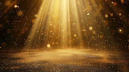 Stage light and golden glitter lights on floor. Abstract gold background for display your product. Spotlight realistic ray. © buraratn