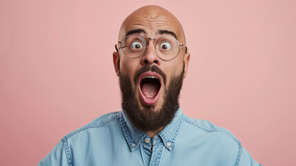 close-up of a young man with a beard wearing round glasses and a denim shirt, looking surprised with his mouth wide open against a pink background