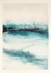 Ink watercolor hand drawn smoke flow stain blot landscape on wet grain paper texture background....