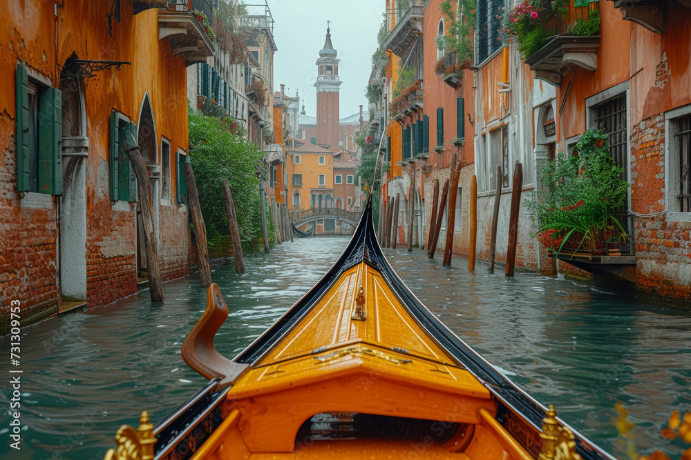 Poster Exploring the enchanting canals by gondola, witnessing the timeless allure of this water-bound city. Concept of canal-side romance. Generative Ai.