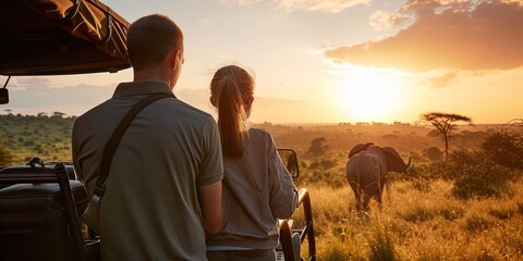 Couple exploring African grasslands during a safari expedition advanture - obrazy, fototapety, plakaty