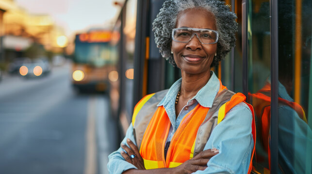 A confident bus driver in a safety vest stands with arms crossed next to the open door of a city bus, smiling warmly at the camera.
