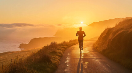 Fototapeta na wymiar A fit and determined runner, bathed in the golden light of a stunning sunrise, gracefully glides along a breathtaking coastal path. Their sheer determination and passion for fitness are evid