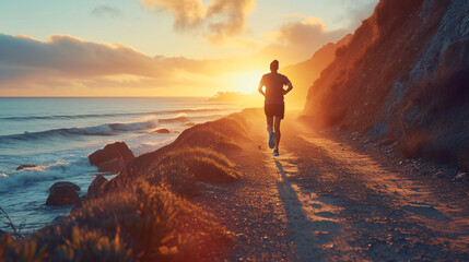A fit and determined runner, bathed in the golden light of a stunning sunrise, gracefully glides along a breathtaking coastal path. Their sheer determination and passion for fitness are evid - obrazy, fototapety, plakaty