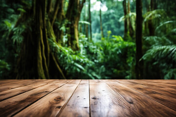 Empty rustic wood texture of old wooden tabletop, blur on green forest background Displaying layout, mounting your product, developing key visual layout.