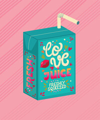 Blue Valentine juice box with hand lettering love juice. Cute festive romantic holiday illustration. Bright colorful pink and blue vector design.