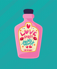 Pink bottle with hand lettering love spirit. Cute Valentine festive holiday illustration. Bright colorful pink and blue vector design.