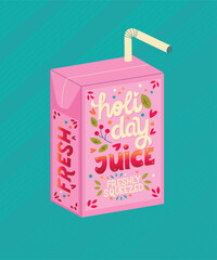 Juice box with hand lettering holiday juice. Cute festive winter holiday illustration. Bright colorful pink and blue vector design.