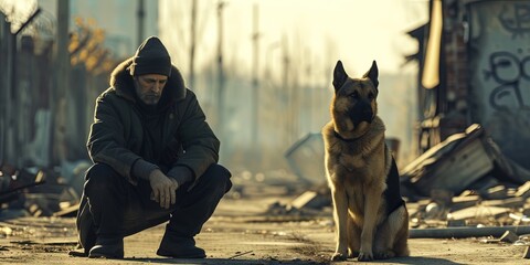 Homeless man living in poverty with his loyal dog - obrazy, fototapety, plakaty