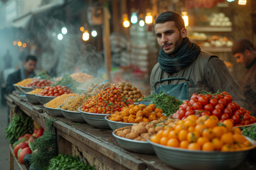 The hustle and bustle of a late-night Suhoor market, where vendors offer a variety of foods to help sustain the fasting individuals until dawn. Concept of Suhoor market vitality. Generative Ai.