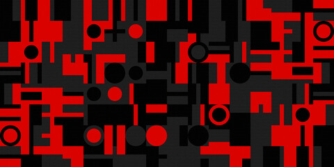 Geometric abstract background, creative composition. Circles, squares, rectangles and lines. Red, gray and black colors. Sandstone textures. Template for your poster, cover, flyer, packaging