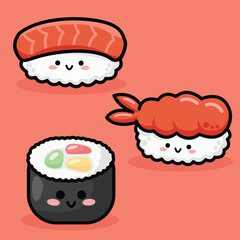 Vector food, set of cute asian food, rolls, sushi, vector illustration
