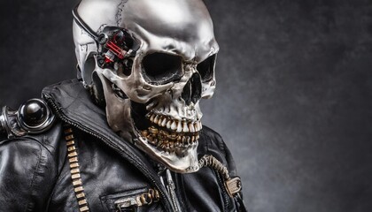 mutant rock biker skull with biomechanical engine neck and black leather motorcycle jacket