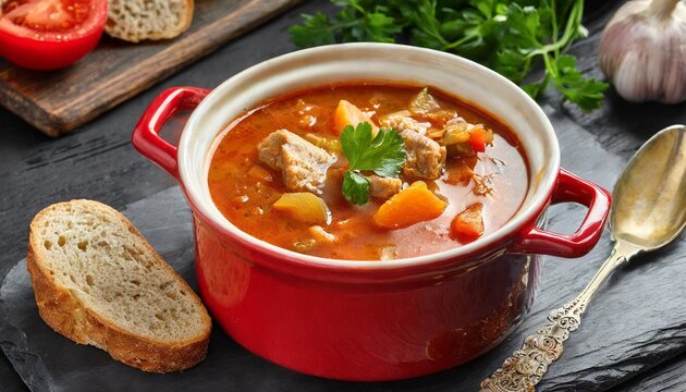 goulash soup in red pot and bread slices on rustic black board background