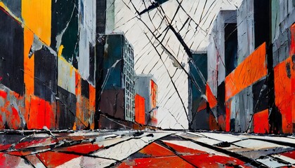 fractured urban environment in the style of expressionism
