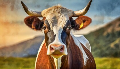 cow realistic colorful illustration portrait of cattle livestock the muzzle of an animal head with horns