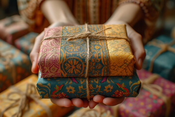 Fototapeta na wymiar The act of giving and receiving beautifully wrapped gifts during the festive occasion of Eid al-Fitr, marking the end of Ramadan. Concept of joyful exchanges. Generative Ai.