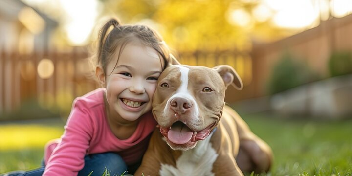 Little girl playing with her pit-bull dog in the yard. Happy lifestyle family image of loving pet and child